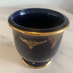 Vintage Japanese Cobalt Blue Ceramic Planter Vase  w/ Gold Floral Accents